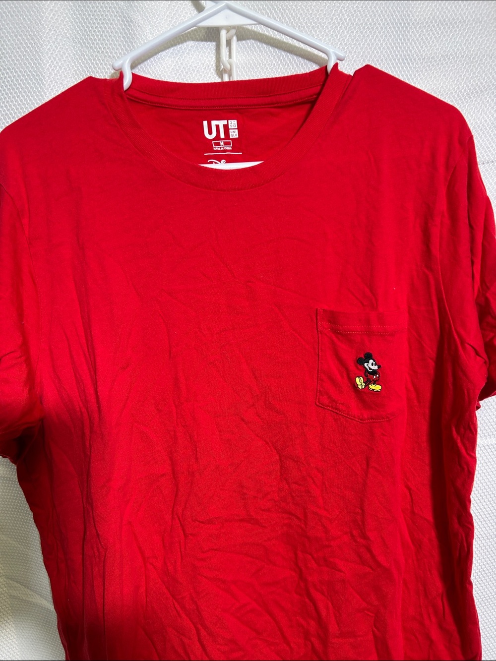 Uniqlo Red Short Sleeve Pocket Tee with Mickey Mouse Embroidery